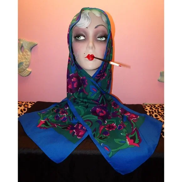 Vintage Purple & Blue Floral Scarf pinup retro rockabilly head wrap bow neck - Picture 1 of 10